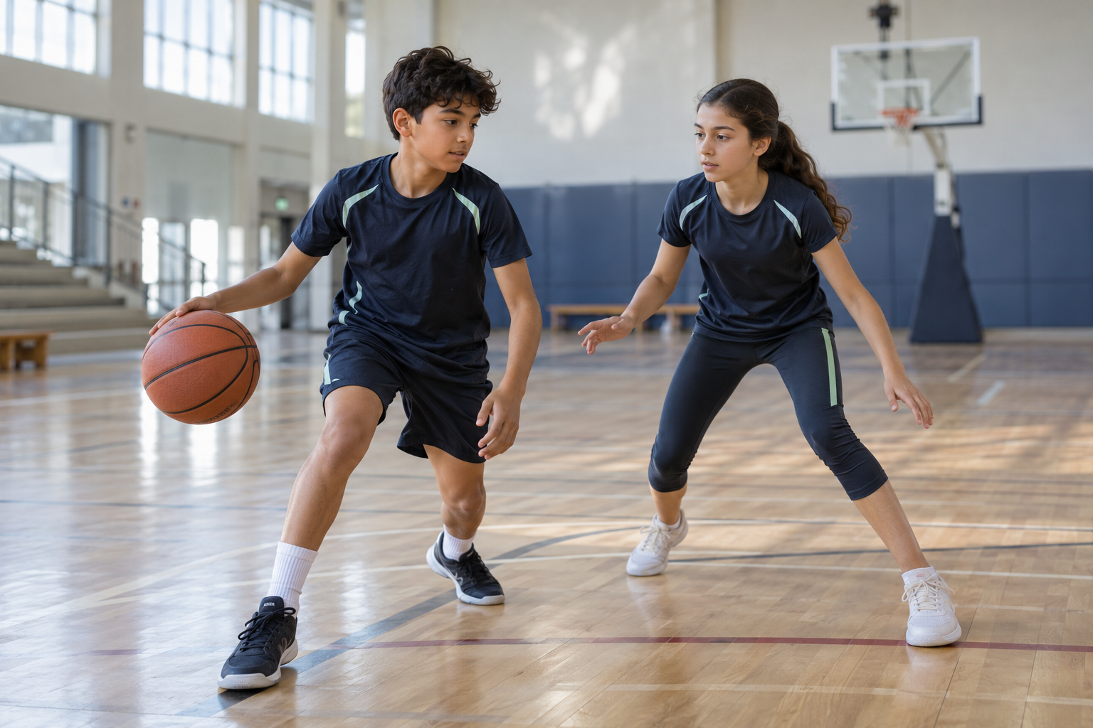 Illustrative children practising basketball indoors